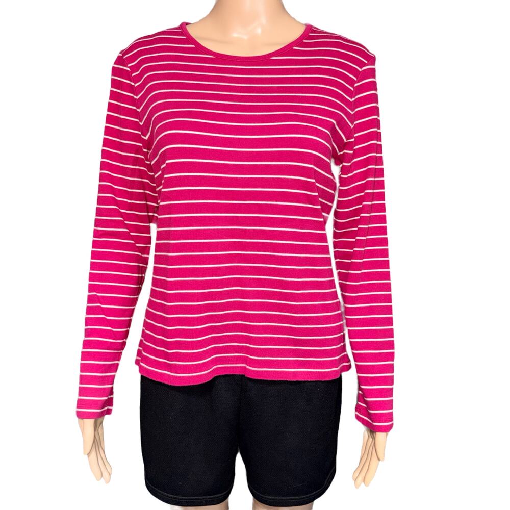 Croft & Barrow Womens T Shirt Top Long Sleeve Pima Cotton Stripes Pink White Med